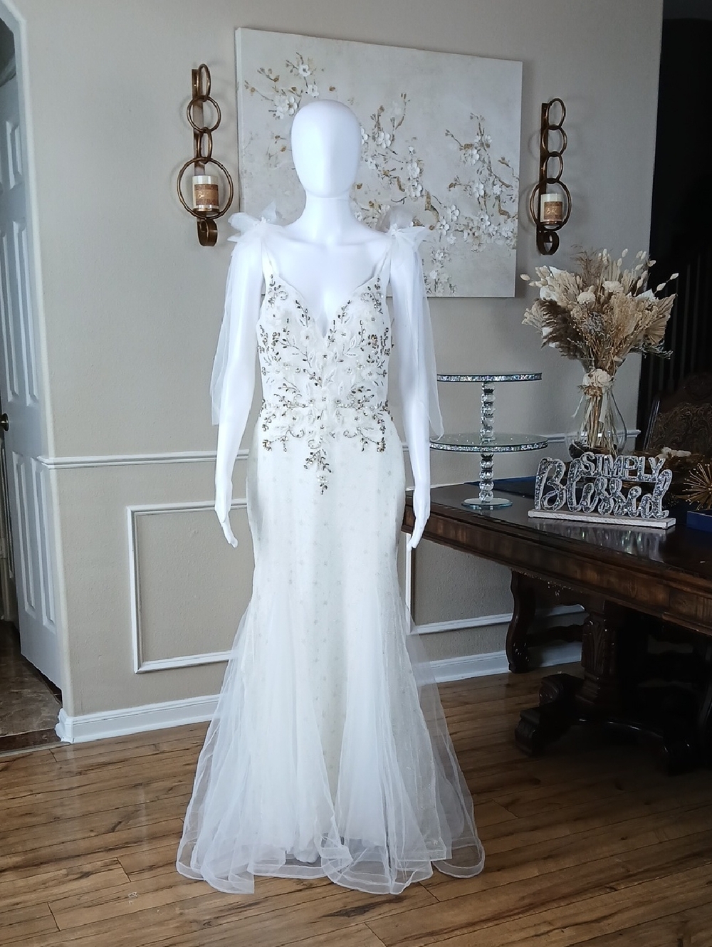 Mac Duggal White And Gold Crystals Tulle Bridal Mermaid Gown with Bow Straps - Picture 3 of 16